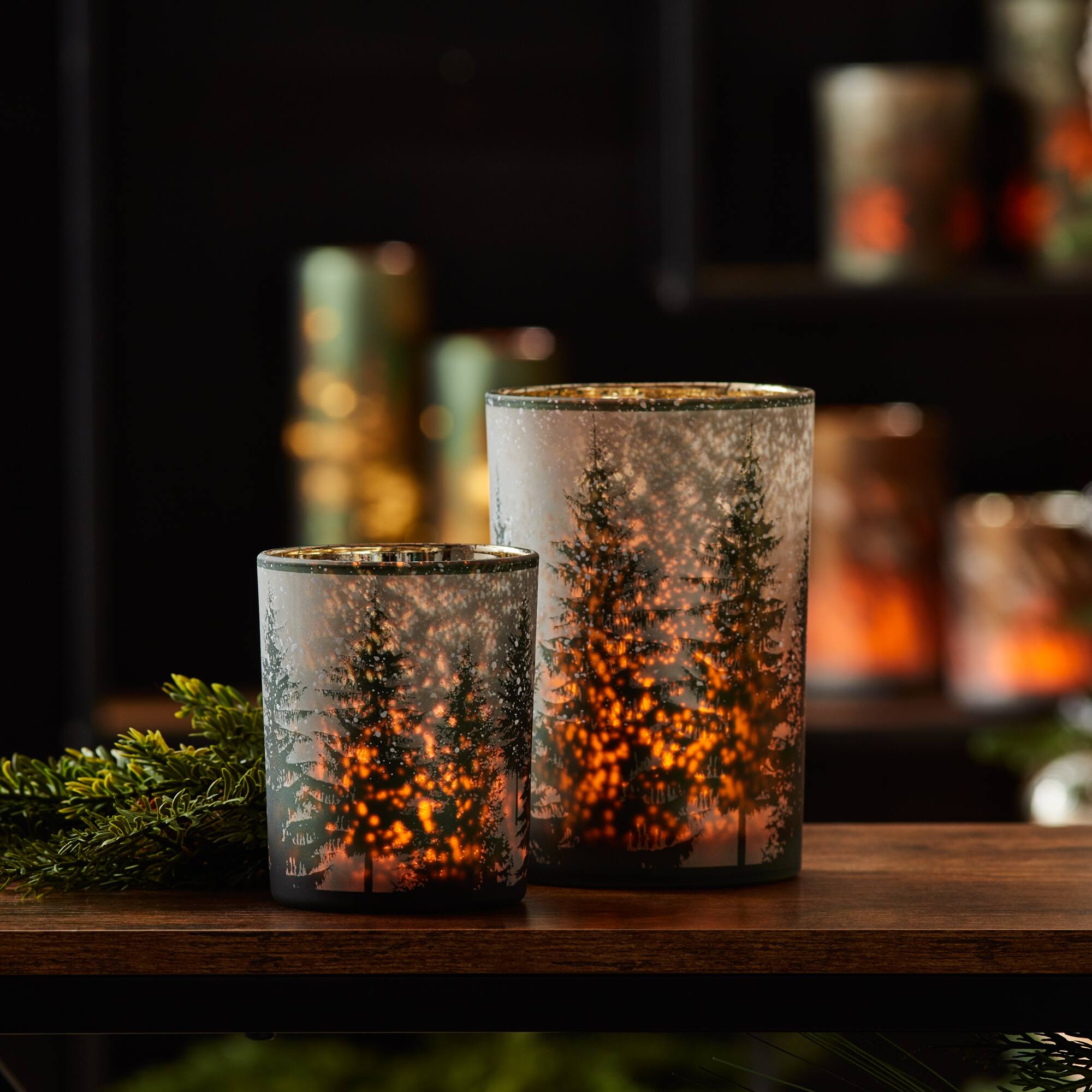 Frosted Pine Mercury Glass Votive & Pillar Candle Holder Set